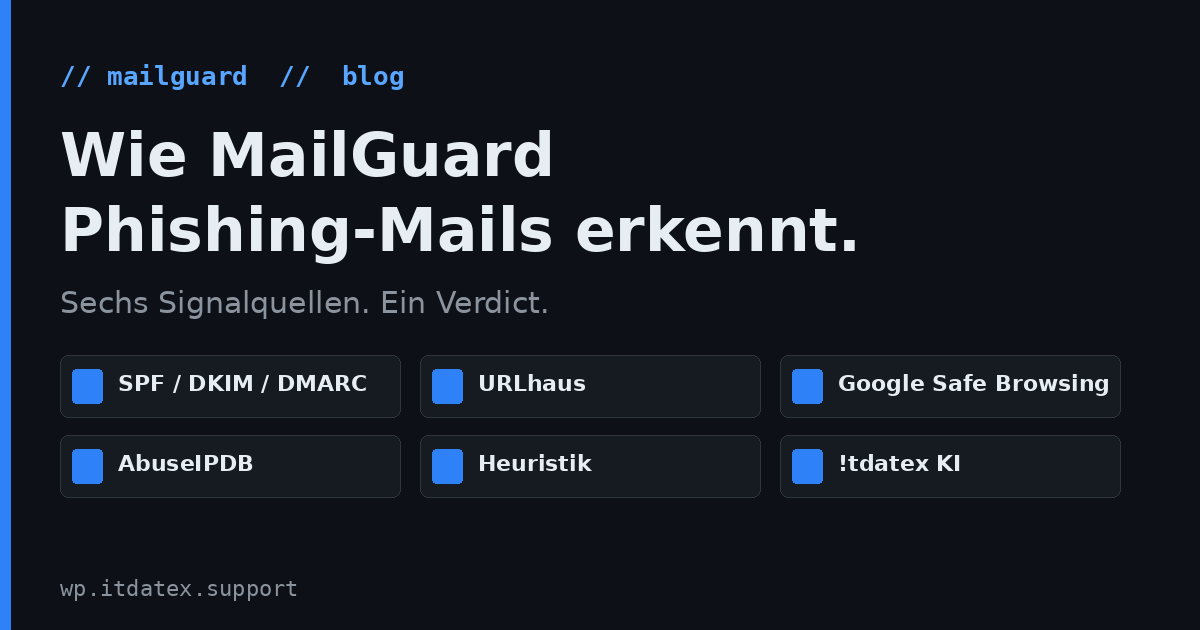 MailGuard Blog: Sechs Signalquellen — SPF/DKIM/DMARC, URLhaus, Google Safe Browsing, AbuseIPDB, Heuristik, !tdatex KI